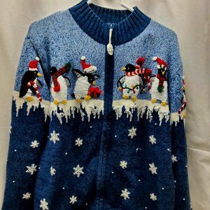 Heirloom Collectibles Womens Sweater Medium Christmas Penguin Holiday Zip Front